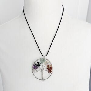 Multicolor beaded tree of life silver twist pendant necklace